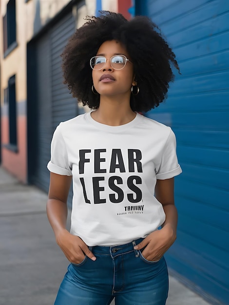 a woman wearing a white shirt that says fear