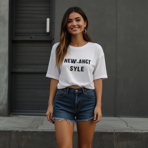 a woman wearing a white shirt that says new fashion