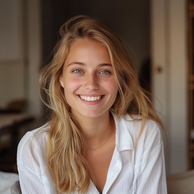 a woman wearing a white shirt that says  she is smiling