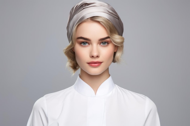 A woman wearing a white shirt and a turban This versatile image can be used for various concepts and themes