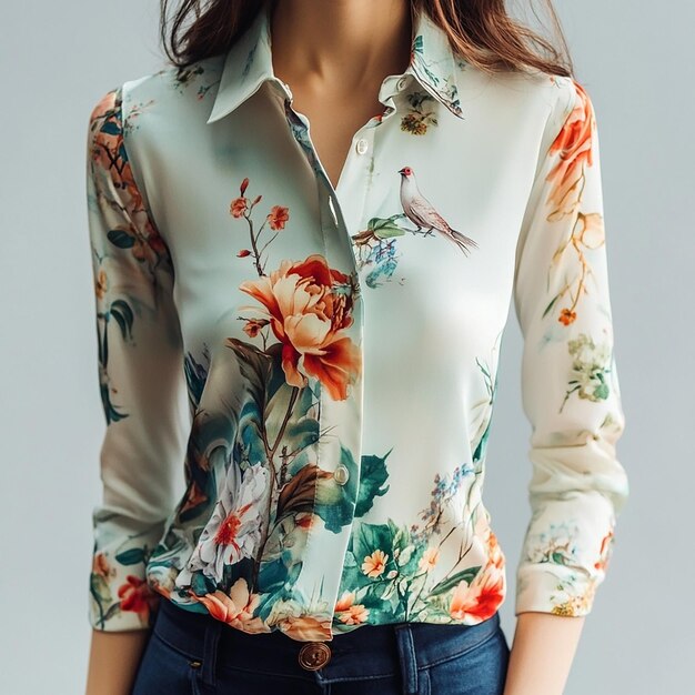 Photo a woman wearing a white shirt with a bird on it