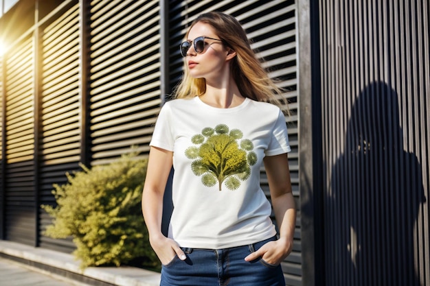 Photo a woman wearing a white shirt with a leaf on it