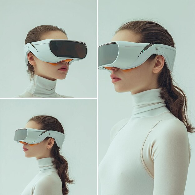 a woman wearing a white shirt with a ponytail and a pair of virtual reality glasses