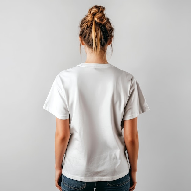 Photo a woman wearing a white shirt with a ponytail stands in front of a gray wall