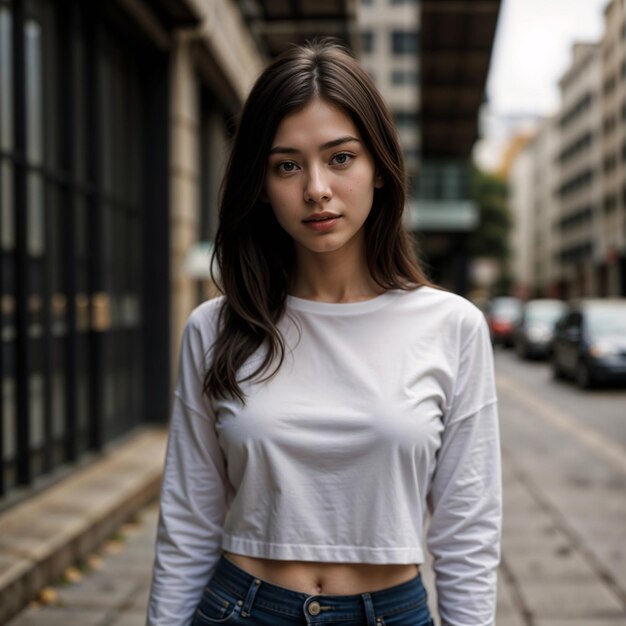 a woman wearing a white shirt with a white shirt that says  t - shirt