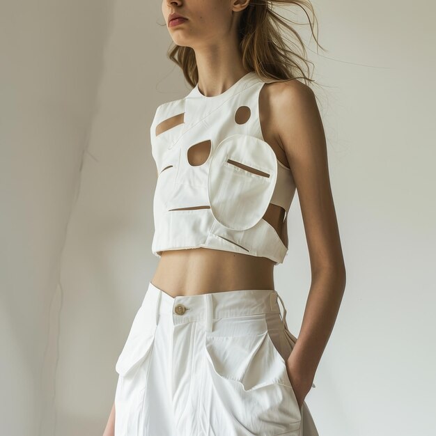 Photo a woman wearing a white skirt with a brown heart on the front