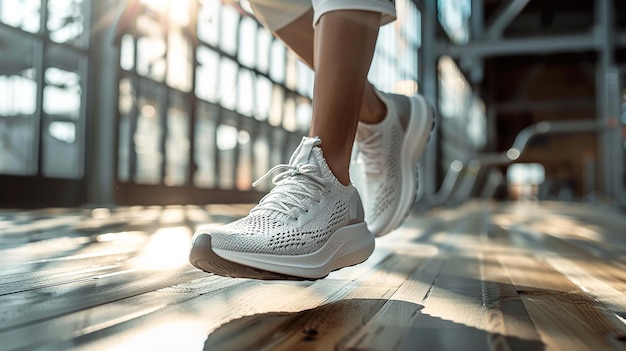 Photo a woman wearing white sneakers is running on a wooden floor