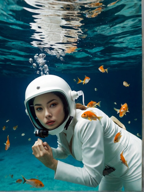 Photo a woman wearing a white suit and helmet under water with fish