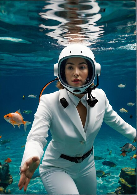 Photo a woman wearing a white suit and helmet under water with fish