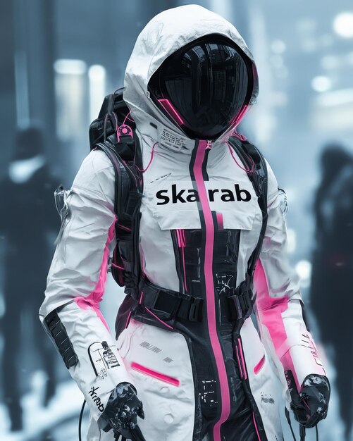 Photo a woman wearing a white suit with a black and pink hoodie on