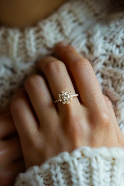 A woman wearing a white sweater and holding a diamond ring