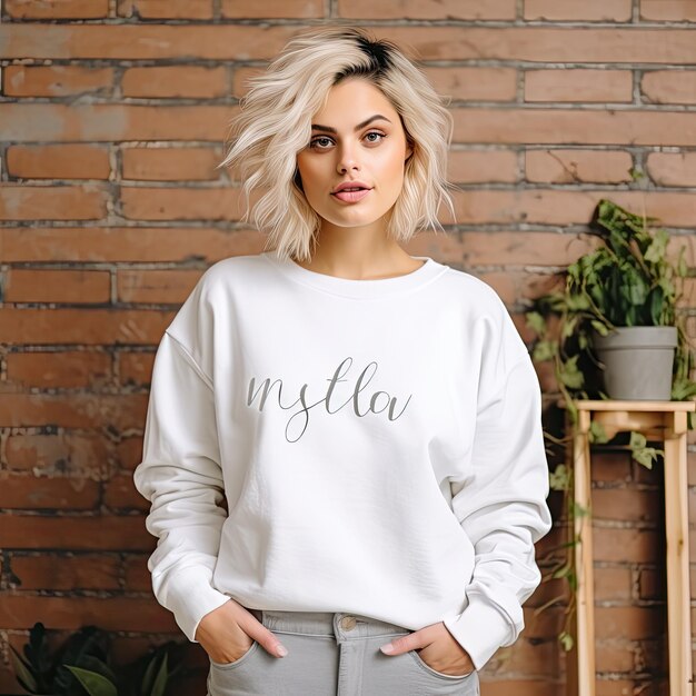 a woman wearing a white sweater that says ls on it