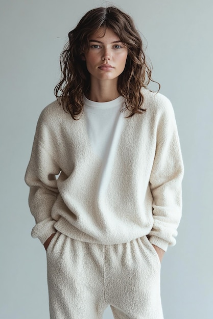 Photo a woman wearing a white sweater with a sweater on it