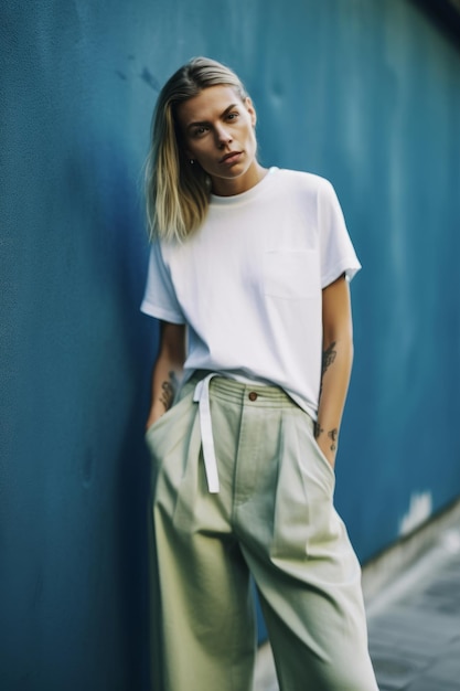 A woman wearing a white t - shirt and green pants stands against a blue wall.