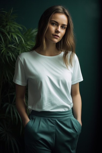 A woman wearing a white t - shirt and green pants stands in front of a green plant.