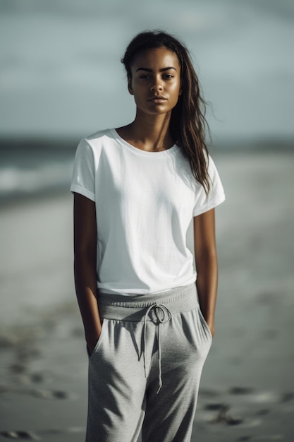 A woman wearing a white t - shirt and grey pants stands on a beach.