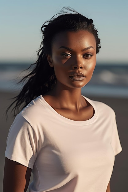 A woman wearing a white t - shirt stands on a beach