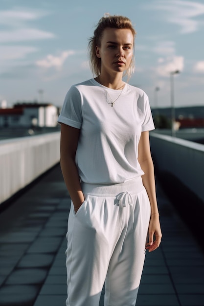 A woman wearing a white t - shirt and white pants stands on a rooftop.