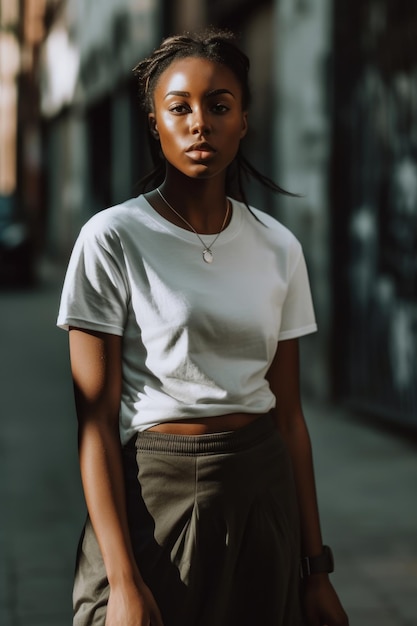 A woman wearing a white t - shirt with a diamond pendant