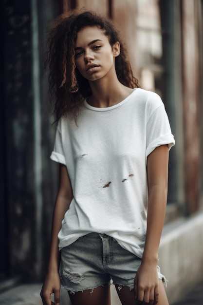 A woman wearing a white t - shirt with a ripped hem.