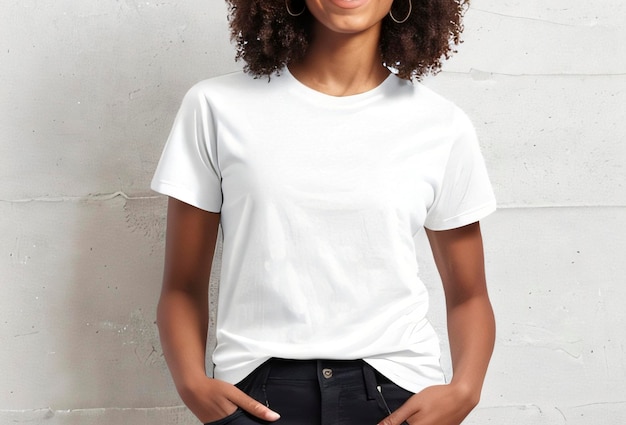 A woman wearing a white t shirt