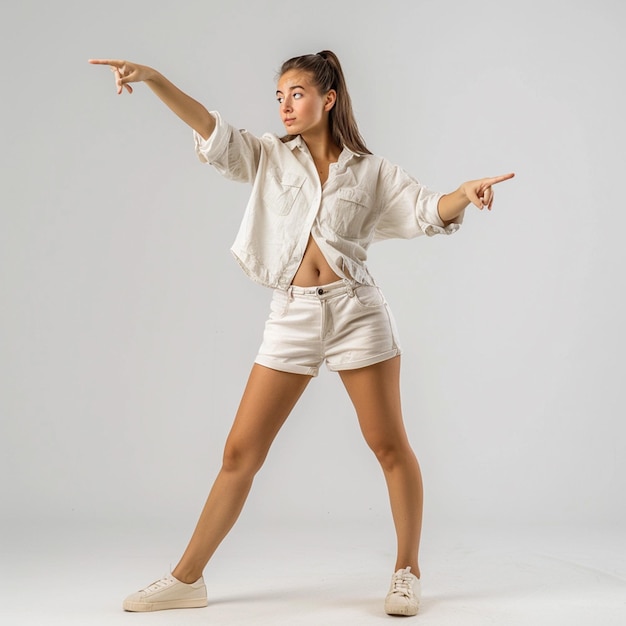 Photo a woman wearing a white tank top pointing to the right