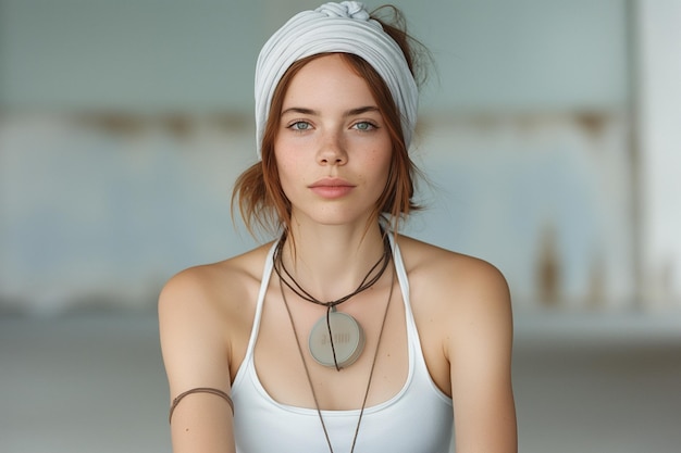 A woman wearing a white tank top and a white head scarf