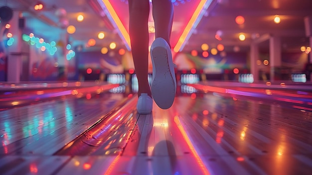 a woman wearing a white tennis shoe is running down a bowling lane