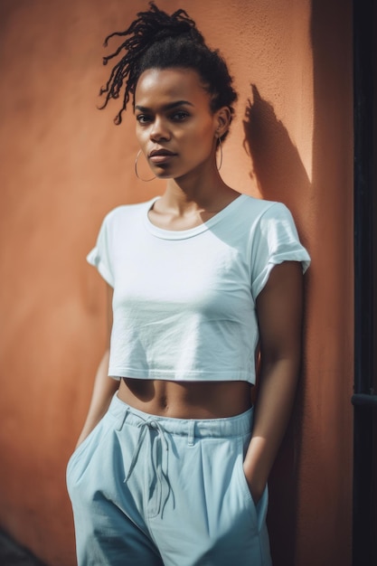 A woman wearing a white top and blue skirt stands against a wall with the word'love'on it.