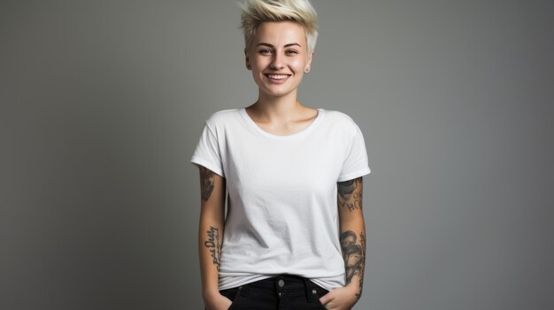 Photo woman wearing white tshirt mockup at grey background design tshirt mockup