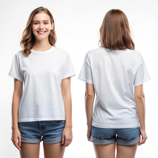 Photo woman wearing white tshirt with casual shorts posing in studio setting generative ai