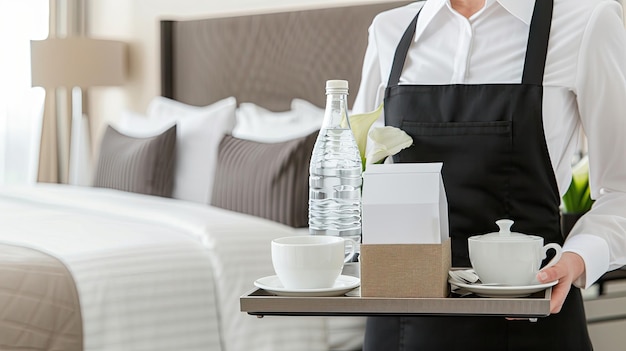 A woman wearing a white uniform places a rolled towel and two bottles onto a wooden tray on a bed in a hotel room