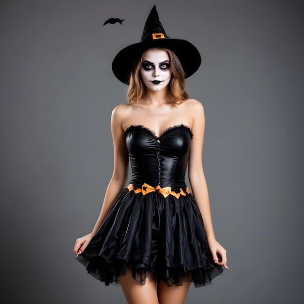 a woman wearing a witch hat and a black witch hat