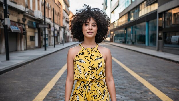 a woman wearing a yellow dress with a yellow print on it stands in a street