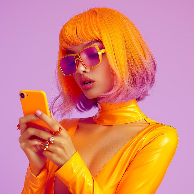 Photo a woman wearing a yellow dress with a yellow top and sunglasses on her face is texting on her phone