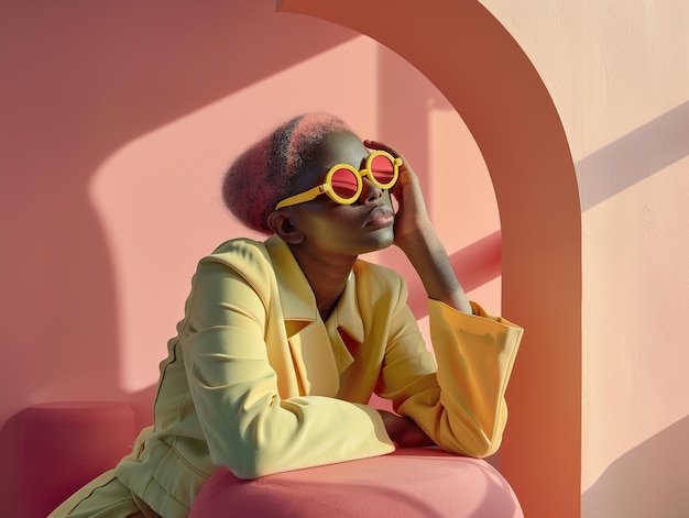 Photo a woman wearing yellow glasses sits in a pink chair