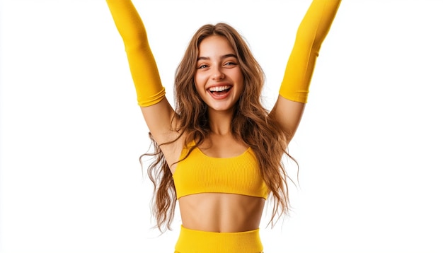 Photo a woman wearing yellow gloves and a yellow glove with her hands in the air