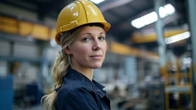 a woman wearing a yellow hard hat is wearing a yellow hard hat