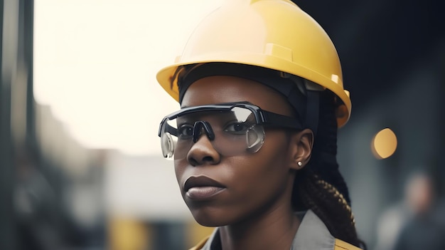 A woman wearing a yellow hard hat and safety goggles stands in front of a large industrial plant.