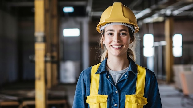 a woman wearing a yellow hard hat smiles in front of a yellow construction vest