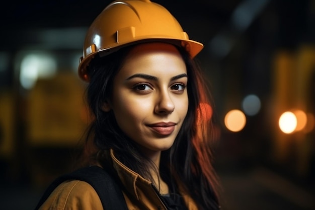 A woman wearing a yellow hard hat stands in a dark background.