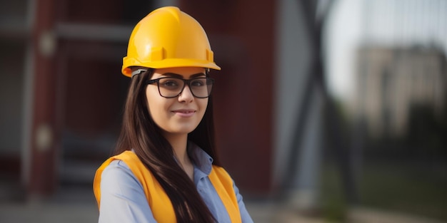 A woman wearing a yellow hard hat stands in front of a building.