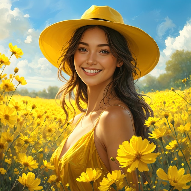 A woman wearing a yellow hat and dress standing amidst a field of yellow flowers She has long dark hair and is smiling at the viewer