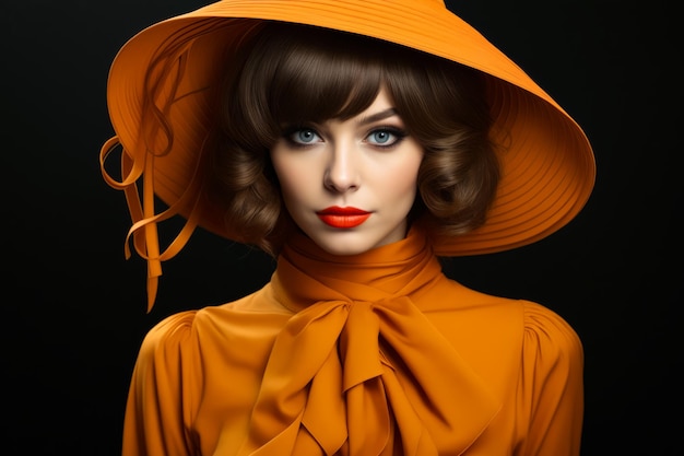 Woman wearing yellow hat and orange dress with red lipstick Generative AI