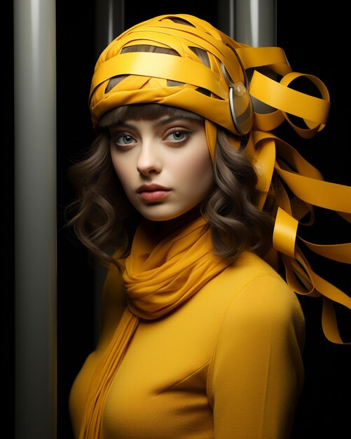 Photo a woman wearing a yellow hat and scarf