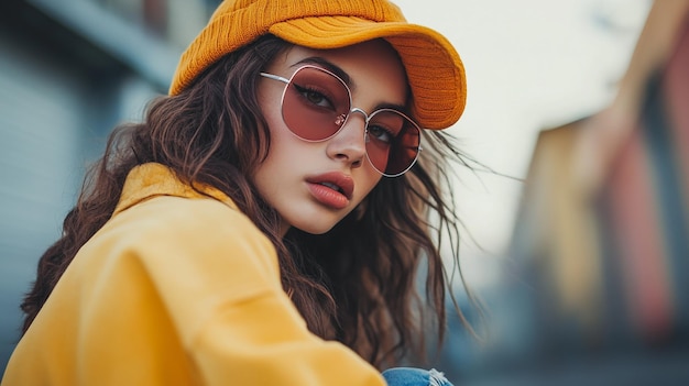 a woman wearing a yellow hat and sunglasses is wearing a yellow hat