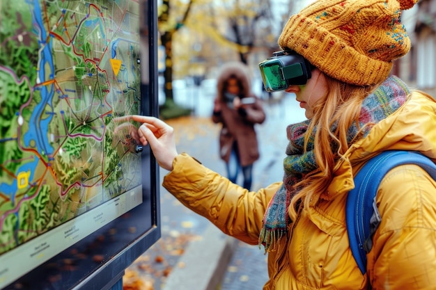 Photo a woman wearing a yellow hat and vr glasses points at a map on a screen