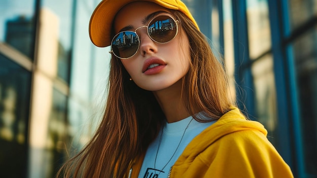 a woman wearing a yellow hat with sunglasses and a shirt that says quot t quot on it