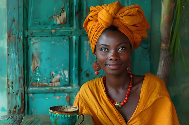 A woman wearing a yellow head scarf and a red necklace is smiling