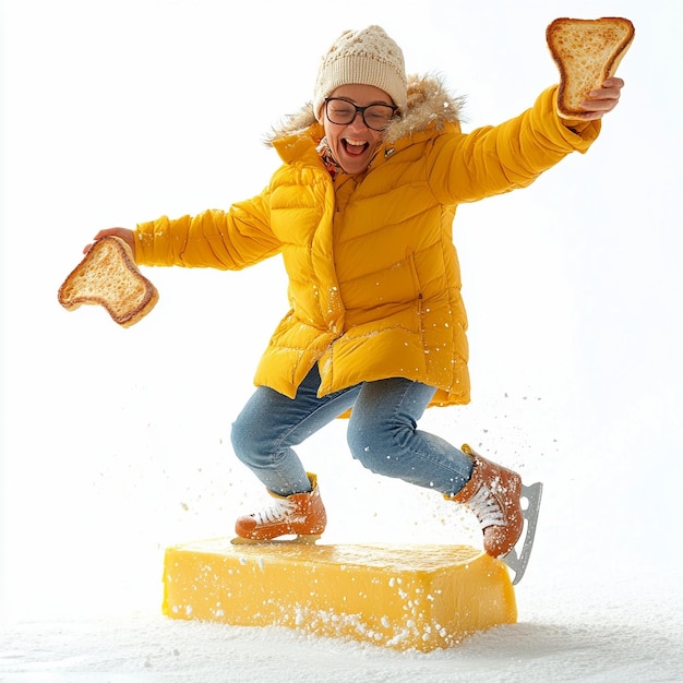 Photo a woman wearing a yellow jacket with a bag of toast in the snow